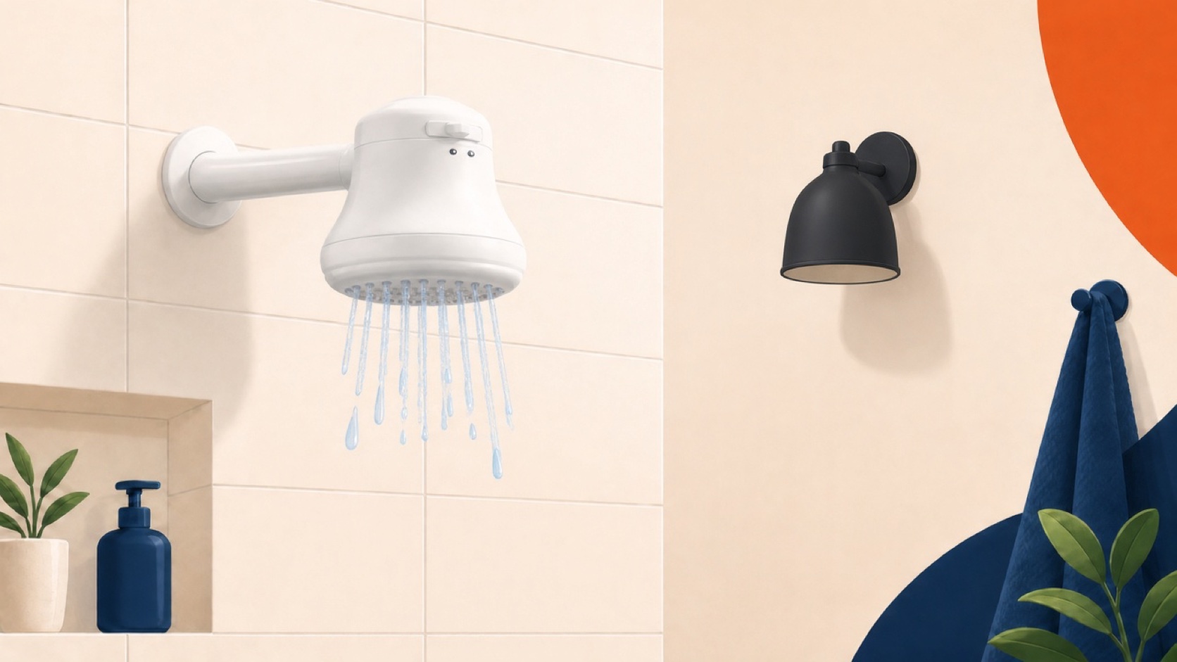 Ilustración de una ducha eléctrica blanca con el agua corriendo y una lámpara de pared apagada