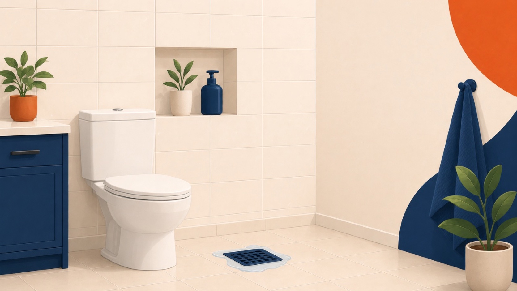 Ilustración editorial de un baño con inodoro cerrado y una coladera en el piso