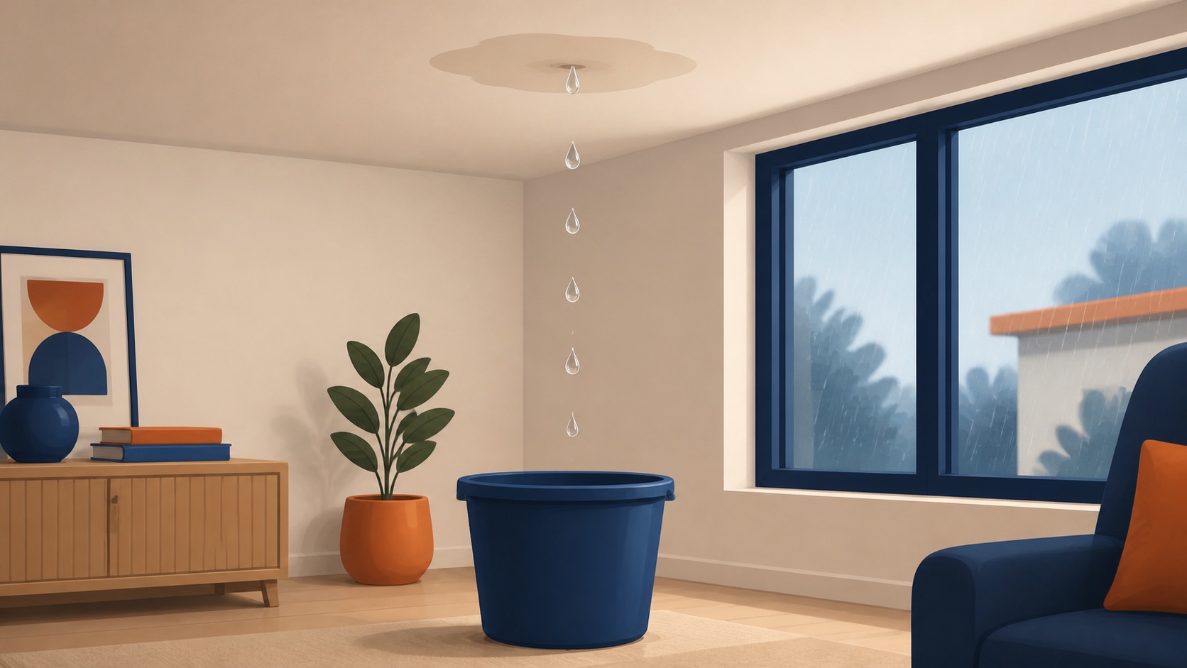 Ilustración editorial de una gotera contenida en un recipiente durante la lluvia