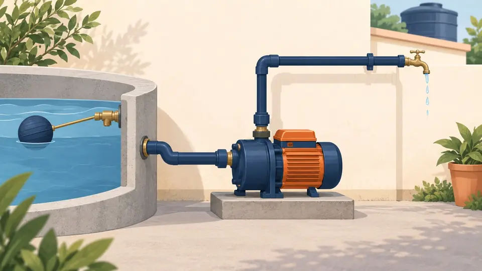 Ilustración editorial de una bomba de agua entre la cisterna y la tubería