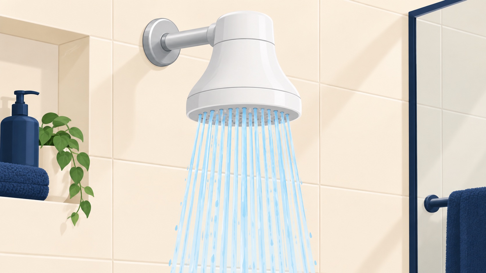 Ilustración editorial de una ducha eléctrica compacta con agua fría
