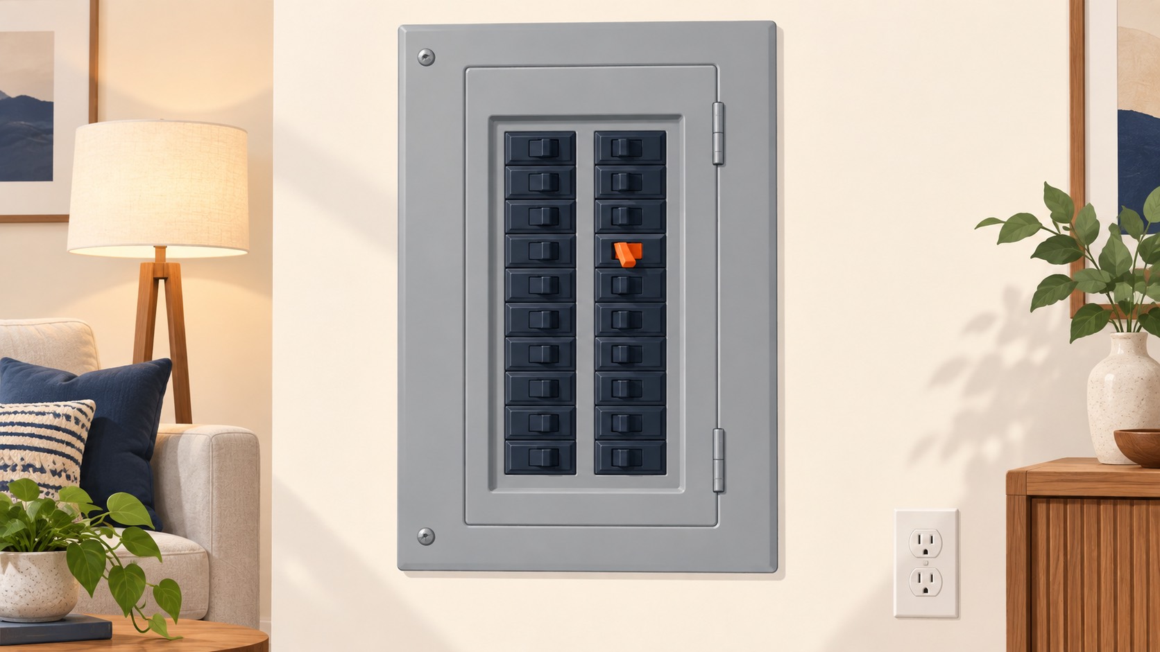 Ilustración editorial de un tablero eléctrico residencial con un dado disparado