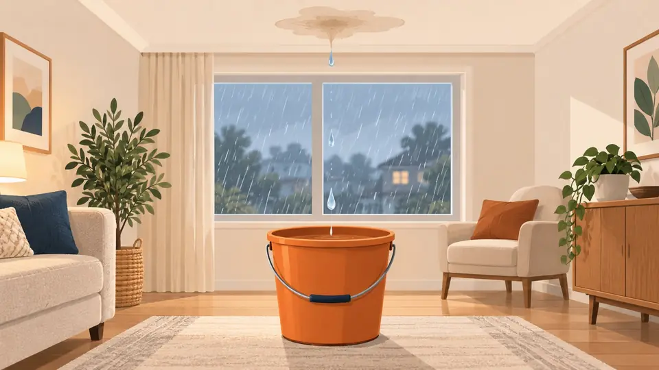 Ilustración editorial de una gotera contenida en un recipiente durante la lluvia
